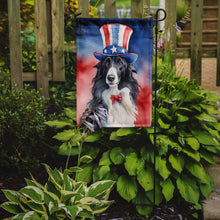 Load image into Gallery viewer, Borzoi Patriotic American Garden Flag – Dog in Uncle Sam Hat | Red, White &amp; Blue Outdoor Decor