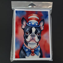 Load image into Gallery viewer, Boston Terrier Patriotic American Greeting Cards - Blank Note Cards – 8-Pack of Artist-Designed Cards with Envelopes