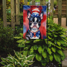 Load image into Gallery viewer, Boston Terrier Patriotic American Garden Flag – Dog in Uncle Sam Hat | Red, White &amp; Blue Outdoor Decor