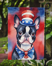 Load image into Gallery viewer, Boston Terrier Patriotic American Garden Flag – Dog in Uncle Sam Hat | Red, White &amp; Blue Outdoor Decor