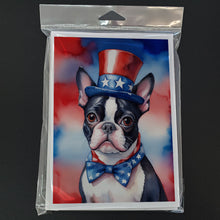 Load image into Gallery viewer, Boston Terrier Patriotic American Greeting Cards - Blank Note Cards – 8-Pack of Artist-Designed Cards with Envelopes