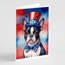 Load image into Gallery viewer, Boston Terrier Patriotic American Greeting Cards - Blank Note Cards – 8-Pack of Artist-Designed Cards with Envelopes