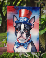 Load image into Gallery viewer, Boston Terrier Patriotic American Garden Flag – Dog in Uncle Sam Hat | Red, White &amp; Blue Outdoor Decor