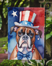 Load image into Gallery viewer, Boxer Patriotic American Garden Flag – Dog in Uncle Sam Hat | Red, White &amp; Blue Outdoor Decor