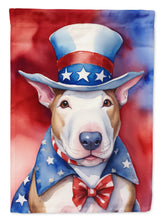 Load image into Gallery viewer, Bull Terrier Patriotic American Garden Flag – Dog in Uncle Sam Hat | Red, White &amp; Blue Outdoor Decor