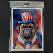 Load image into Gallery viewer, Bullmastiff Patriotic American Greeting Cards - Blank Note Cards – 8-Pack of Artist-Designed Cards with Envelopes