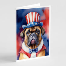 Load image into Gallery viewer, Bullmastiff Patriotic American Greeting Cards - Blank Note Cards – 8-Pack of Artist-Designed Cards with Envelopes