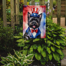Load image into Gallery viewer, Cairn Terrier Patriotic American Garden Flag – Dog in Uncle Sam Hat | Red, White &amp; Blue Outdoor Decor