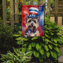 Load image into Gallery viewer, Cairn Terrier Patriotic American Garden Flag – Dog in Uncle Sam Hat | Red, White &amp; Blue Outdoor Decor