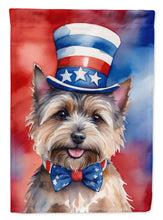 Load image into Gallery viewer, Cairn Terrier Patriotic American Garden Flag – Dog in Uncle Sam Hat | Red, White &amp; Blue Outdoor Decor