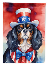 Load image into Gallery viewer, Cavalier Spaniel Patriotic American Garden Flag – Dog in Uncle Sam Hat | Red, White &amp; Blue Outdoor Decor