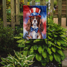 Load image into Gallery viewer, Cavalier Spaniel Patriotic American Garden Flag – Dog in Uncle Sam Hat | Red, White &amp; Blue Outdoor Decor