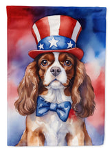Load image into Gallery viewer, Cavalier Spaniel Patriotic American Garden Flag – Dog in Uncle Sam Hat | Red, White &amp; Blue Outdoor Decor