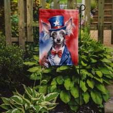 Load image into Gallery viewer, Chinese Crested Patriotic American Garden Flag – Dog in Uncle Sam Hat | Red, White &amp; Blue Outdoor Decor
