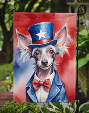Load image into Gallery viewer, Chinese Crested Patriotic American Garden Flag – Dog in Uncle Sam Hat | Red, White &amp; Blue Outdoor Decor