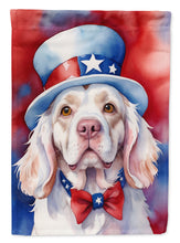 Load image into Gallery viewer, Clumber Spaniel Patriotic American Garden Flag – Dog in Uncle Sam Hat | Red, White &amp; Blue Outdoor Decor