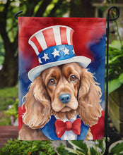 Load image into Gallery viewer, Cocker Spaniel Patriotic American Garden Flag – Dog in Uncle Sam Hat | Red, White &amp; Blue Outdoor Decor