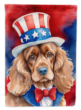 Load image into Gallery viewer, Cocker Spaniel Patriotic American Garden Flag – Dog in Uncle Sam Hat | Red, White &amp; Blue Outdoor Decor