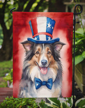 Load image into Gallery viewer, Collie Patriotic American Garden Flag – Dog in Uncle Sam Hat | Red, White &amp; Blue Outdoor Decor