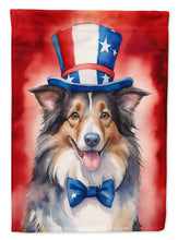 Load image into Gallery viewer, Collie Patriotic American Garden Flag – Dog in Uncle Sam Hat | Red, White &amp; Blue Outdoor Decor