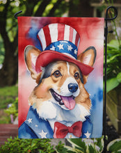 Load image into Gallery viewer, Corgi Patriotic American Garden Flag – Dog in Uncle Sam Hat | Red, White &amp; Blue Outdoor Decor