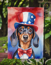 Load image into Gallery viewer, Dachshund Patriotic American Garden Flag – Dog in Uncle Sam Hat | Red, White &amp; Blue Outdoor Decor