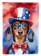 Load image into Gallery viewer, Dachshund Patriotic American Garden Flag – Dog in Uncle Sam Hat | Red, White &amp; Blue Outdoor Decor