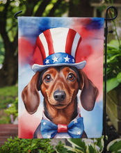 Load image into Gallery viewer, Dachshund Patriotic American Garden Flag – Dog in Uncle Sam Hat | Red, White &amp; Blue Outdoor Decor
