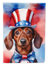Load image into Gallery viewer, Dachshund Patriotic American Garden Flag – Dog in Uncle Sam Hat | Red, White &amp; Blue Outdoor Decor