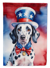 Load image into Gallery viewer, Dalmatian Patriotic American Garden Flag – Dog in Uncle Sam Hat | Red, White &amp; Blue Outdoor Decor