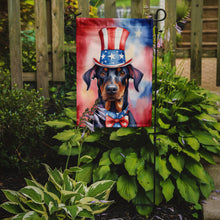 Load image into Gallery viewer, Doberman Pinscher Patriotic American Garden Flag – Dog in Uncle Sam Hat | Red, White &amp; Blue Outdoor Decor