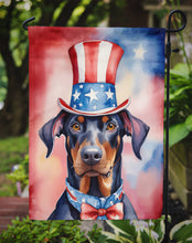 Load image into Gallery viewer, Doberman Pinscher Patriotic American Garden Flag – Dog in Uncle Sam Hat | Red, White &amp; Blue Outdoor Decor