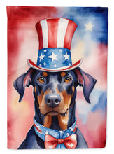 Load image into Gallery viewer, Doberman Pinscher Patriotic American Garden Flag – Dog in Uncle Sam Hat | Red, White &amp; Blue Outdoor Decor