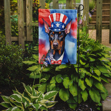 Load image into Gallery viewer, Doberman Pinscher Patriotic American Garden Flag – Dog in Uncle Sam Hat | Red, White &amp; Blue Outdoor Decor