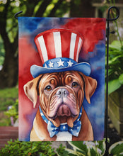 Load image into Gallery viewer, Dogue de Bordeaux Patriotic American Garden Flag – Dog in Uncle Sam Hat | Red, White &amp; Blue Outdoor Decor