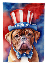 Load image into Gallery viewer, Dogue de Bordeaux Patriotic American Garden Flag – Dog in Uncle Sam Hat | Red, White &amp; Blue Outdoor Decor