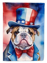 Load image into Gallery viewer, English Bulldog Patriotic American Garden Flag – Dog in Uncle Sam Hat | Red, White &amp; Blue Outdoor Decor