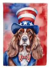 Load image into Gallery viewer, English Cocker Spaniel Patriotic American Garden Flag – Dog in Uncle Sam Hat | Red, White &amp; Blue Outdoor Decor