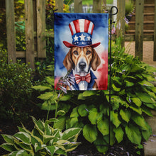Load image into Gallery viewer, English Foxhound Patriotic American Garden Flag – Dog in Uncle Sam Hat | Red, White &amp; Blue Outdoor Decor