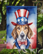 Load image into Gallery viewer, English Foxhound Patriotic American Garden Flag – Dog in Uncle Sam Hat | Red, White &amp; Blue Outdoor Decor
