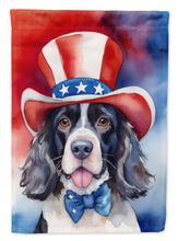 Load image into Gallery viewer, English Springer Spaniel Patriotic American Garden Flag – Dog in Uncle Sam Hat | Red, White &amp; Blue Outdoor Decor