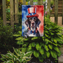 Load image into Gallery viewer, German Shorthaired Pointer Patriotic American Garden Flag – Dog in Uncle Sam Hat | Red, White &amp; Blue Outdoor Decor