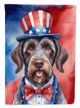 Load image into Gallery viewer, German Wirehaired Pointer Patriotic American Garden Flag – Dog in Uncle Sam Hat | Red, White &amp; Blue Outdoor Decor