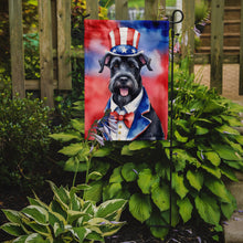 Load image into Gallery viewer, Giant Schnauzer Patriotic American Garden Flag – Dog in Uncle Sam Hat | Red, White &amp; Blue Outdoor Decor