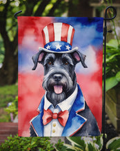 Load image into Gallery viewer, Giant Schnauzer Patriotic American Garden Flag – Dog in Uncle Sam Hat | Red, White &amp; Blue Outdoor Decor