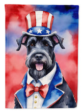 Load image into Gallery viewer, Giant Schnauzer Patriotic American Garden Flag – Dog in Uncle Sam Hat | Red, White &amp; Blue Outdoor Decor