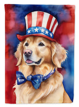 Load image into Gallery viewer, Golden Retriever Patriotic American Garden Flag – Dog in Uncle Sam Hat | Red, White &amp; Blue Outdoor Decor