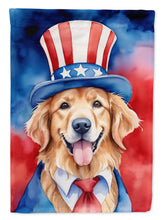 Load image into Gallery viewer, Golden Retriever Patriotic American Garden Flag – Dog in Uncle Sam Hat | Red, White &amp; Blue Outdoor Decor