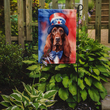 Load image into Gallery viewer, Irish Setter Patriotic American Garden Flag – Dog in Uncle Sam Hat | Red, White &amp; Blue Outdoor Decor