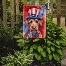 Load image into Gallery viewer, Irish Terrier Patriotic American Garden Flag – Dog in Uncle Sam Hat | Red, White &amp; Blue Outdoor Decor